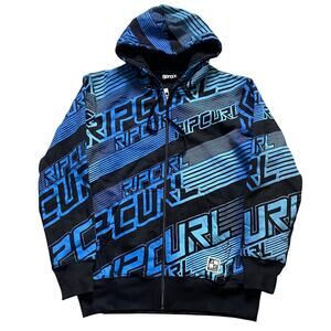 Vintage Y2K Rip Curl Surf Blue Black AOP Full Zip Hoodie Jacket Size Small